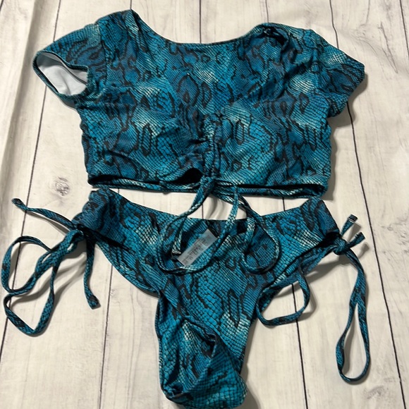 ❗️FINAL❗️ 🆕 ZAFUL Blue Snakeskin Cinched V Neck Bikini S/4 - Picture 5 of 6